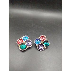 Vintage Earrings Gold tone Multi-Color Faux Faceted stones very shinny E1